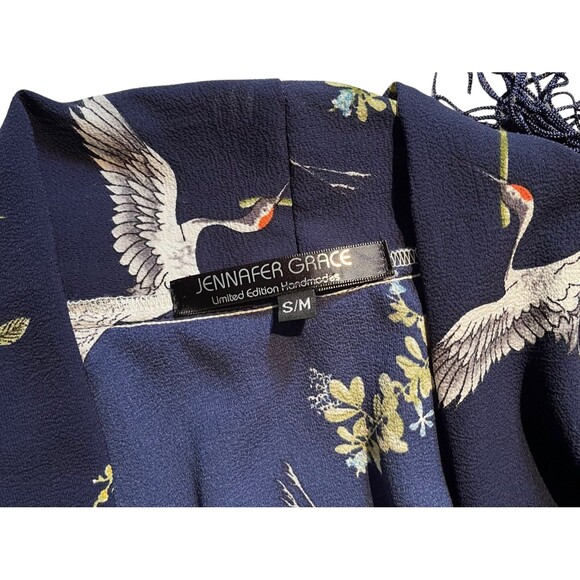 Jennafer Grace Kimono Robe Designer Handmade Blue Cranes Floral Fringe Boho S M - Picture 3 of 15
